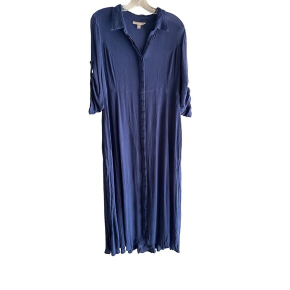 Woman Within Size 14W Blue Button-Front Maxi Dress Roll-Tab Sleeves - Picture 3 of 9